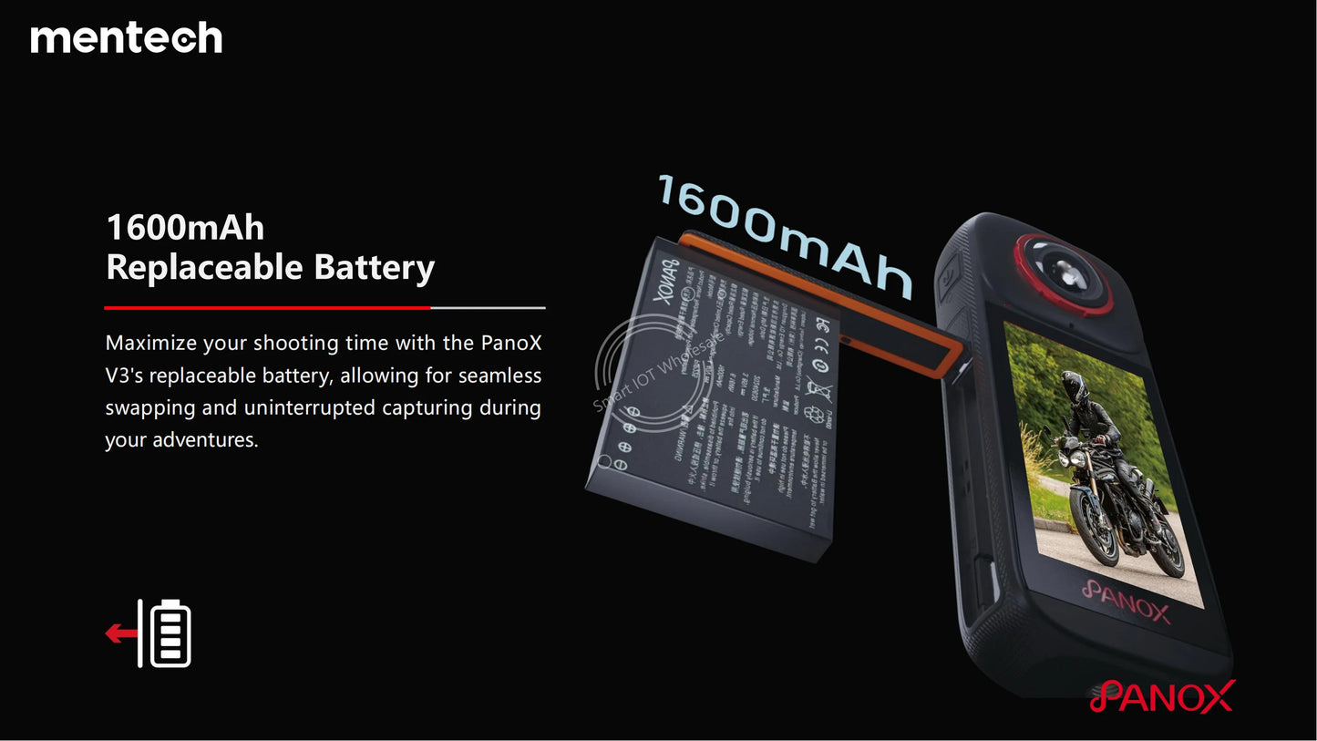 PanoX V3 360°Action Camera IPX8 Waterproof 1600mAh Replaceable Battery 5.7K Loop Recording 12K HDR 360°Photo
