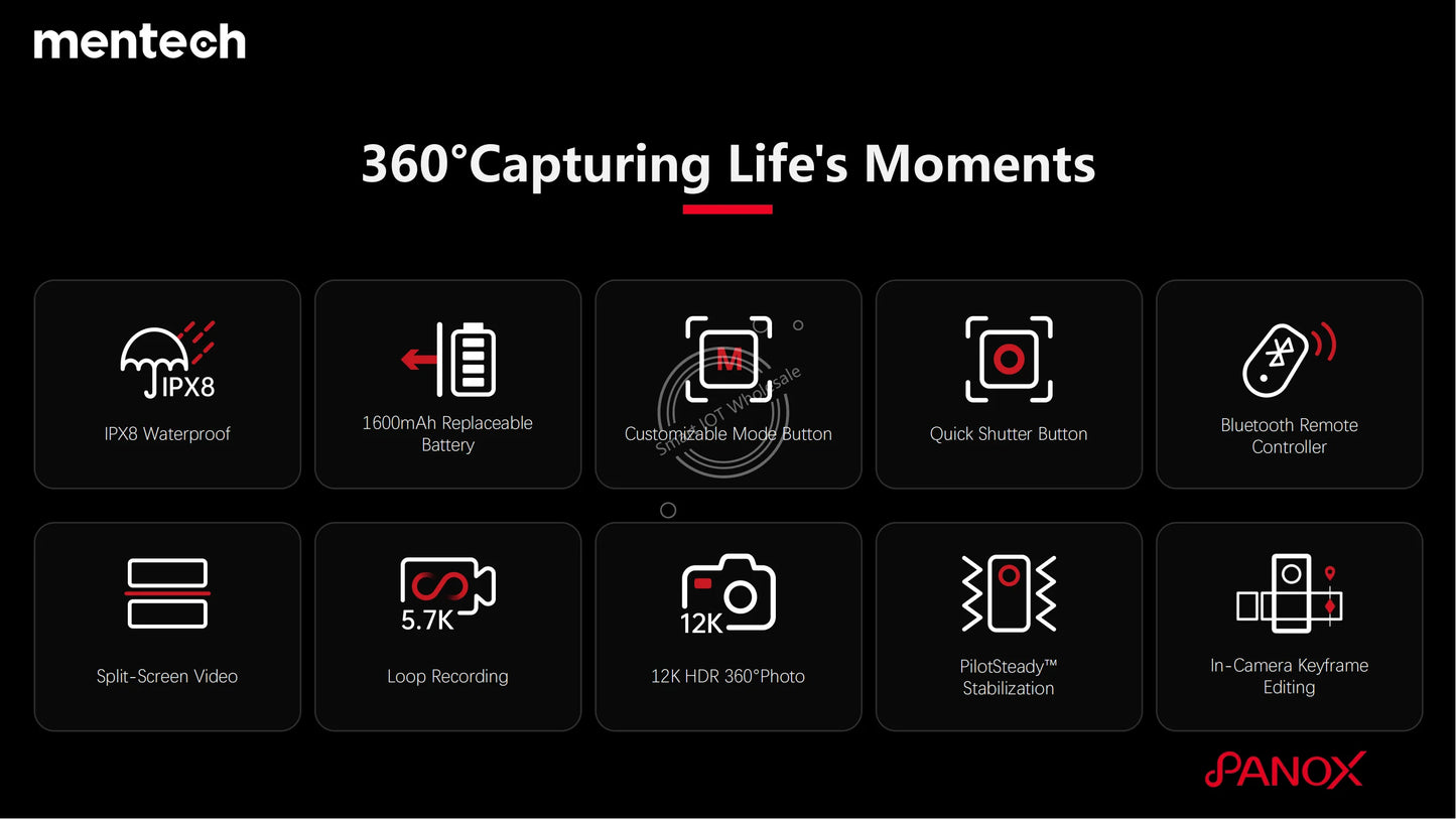 PanoX V3 360°Action Camera IPX8 Waterproof 1600mAh Replaceable Battery 5.7K Loop Recording 12K HDR 360°Photo