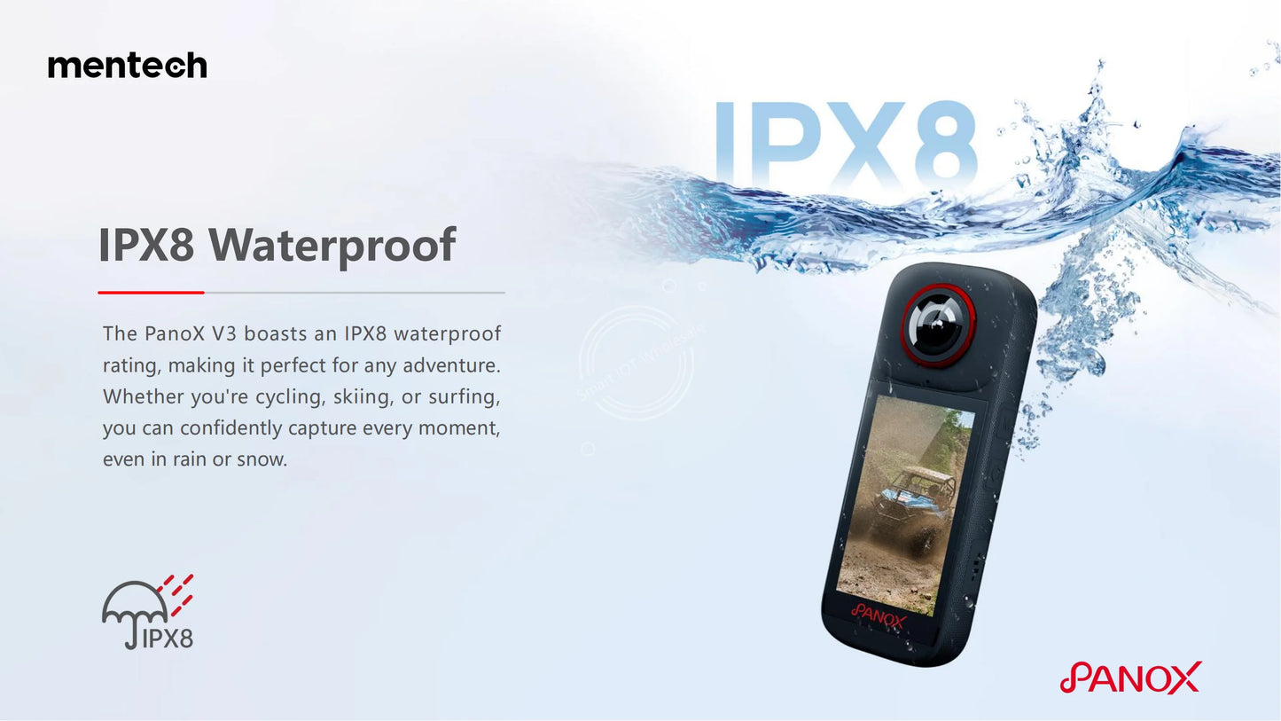 PanoX V3 360°Action Camera IPX8 Waterproof 1600mAh Replaceable Battery 5.7K Loop Recording 12K HDR 360°Photo