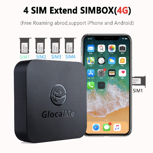 Glocalme 4 SIMホストスタンバイSIMボックス、旅行用、ローミングコスト不要、自宅でアプリで通話可能
