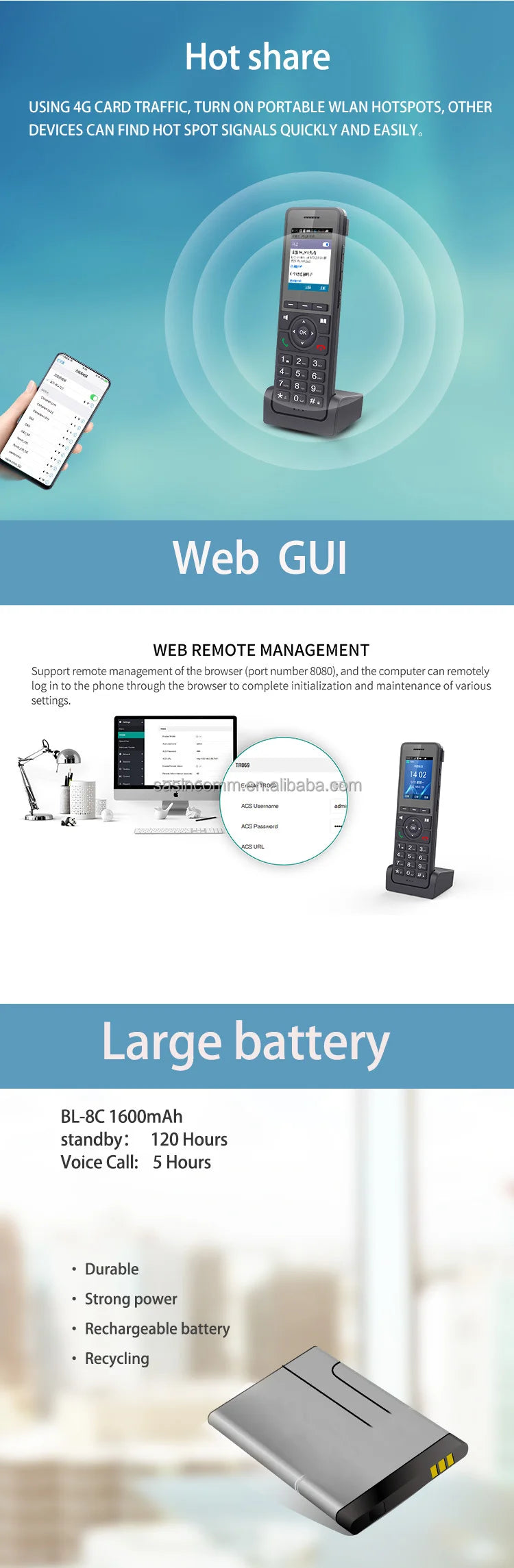 Hindetel lte wifi 2.4G Cordless Phone SIP VOIP  hotspot recording ip phone Cordless 4G SIP Phone  Desktop VoIP