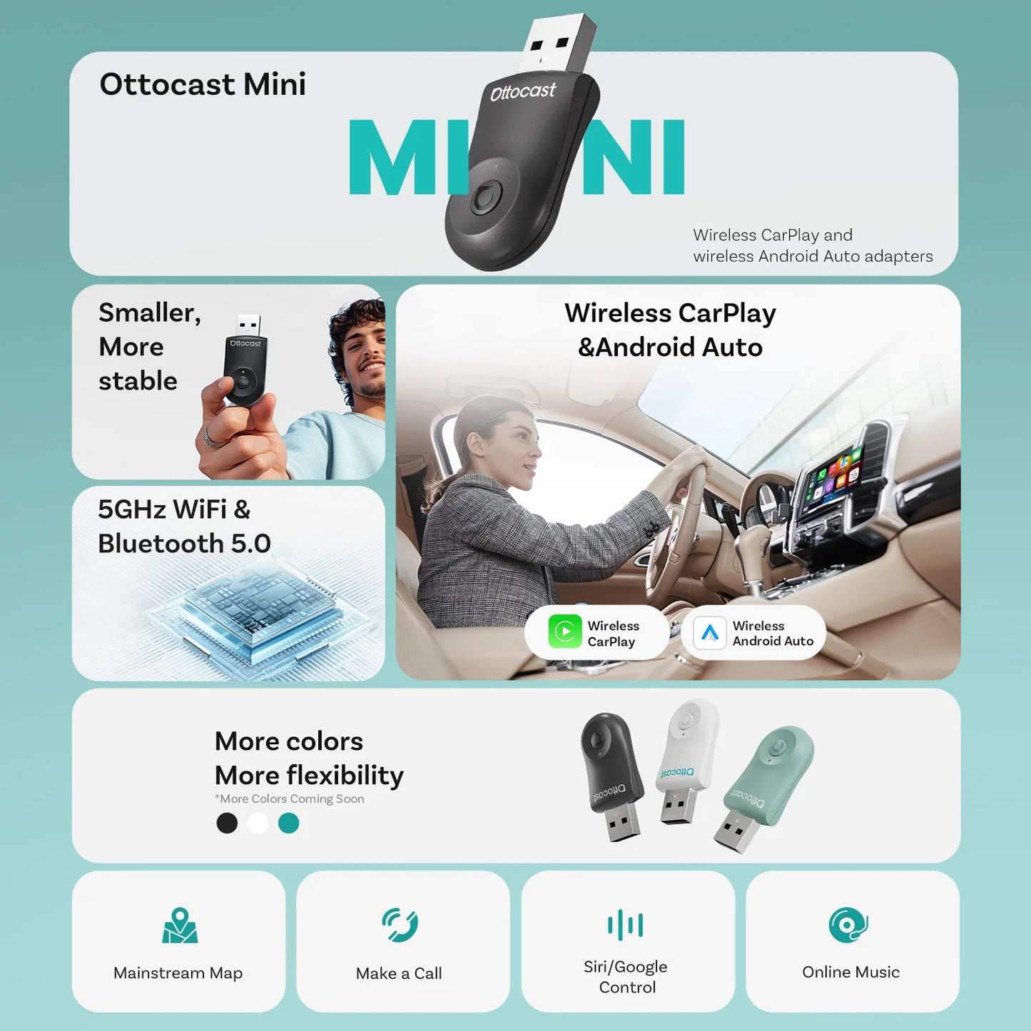Mini 2-in-1 Wireless CarPlay Android Auto Adapter with One-Key Disconnect, 5GHz WiFi Plug&Play Fast Connect USB Dongle